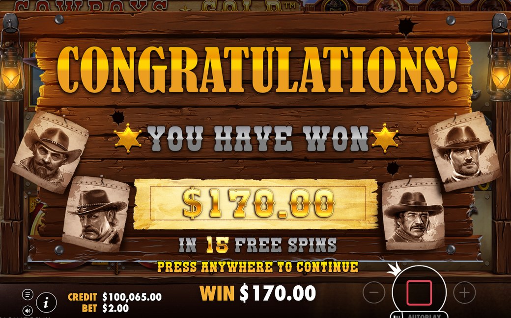 Win screen with the total paid from COWBOY money values